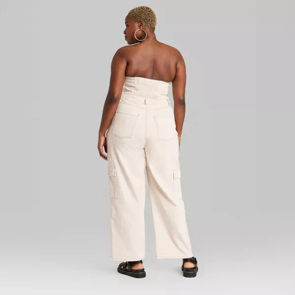 Women's WILD FABLE Y2K Strapless TUBE TOP DENIM Cargo Pockets Jumpsuit JEANS M - Picture 13 of 13
